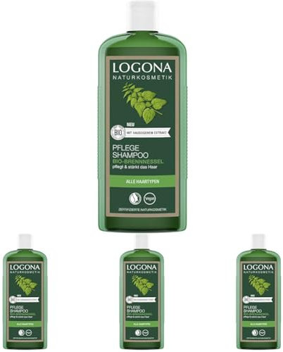 LOGONA Naturkosmetik Pflegendes Shampoo für natürlich gesundes Haar, Geeignet für alle Haartypen, Haarshampoo mit veganer Formel aus Bio Brennnessel, 1 x 500 ml (Packung mit 4)