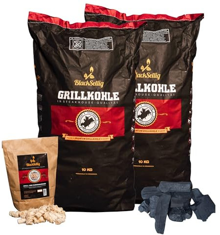 BlackSellig Steakhouse Grillkohle - Premium Quebracho Blanco Holzkohle | Lange Brenndauer | Hohe Hitze | Geringe Rauchentwicklung (20kg + 50 Anzünder)