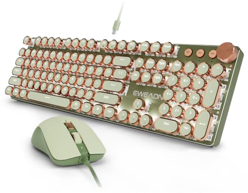 Wired Typewriter Keyboard and Mouse Combo, Low Noise Pink Switch-Green | White Backlit, Retro Punk Keycaps, Metal Panel Mechanical Keyboard with Knob for Windows PC, Mac, Desktop, Laptop, EWEADN V20
