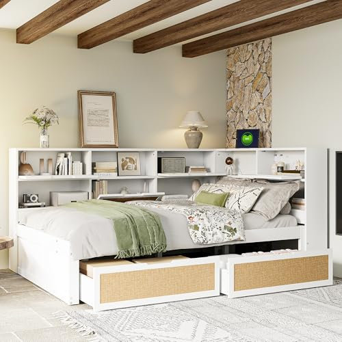 Daybett Doppelbett 140x200, Tagesbett mit Schubladen und Stauschrank & Bücherregal, Kinderbett mit Ladebuchse, Holzbett Jugendbett Funktionsbett, Bettgestell mit Lattenrost, Ohne Matratze, Weiß