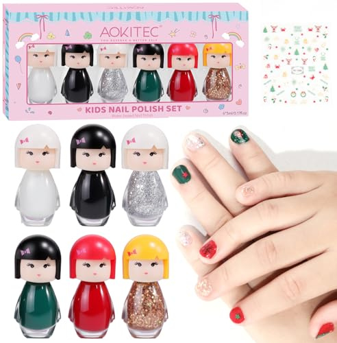 Aokitec Kids Nail Polish Sets for Girls: 6 Advent Calendar 2025 Quick Dry Non-Toxic Nail Polish for Childrens Toddler, Water Based Peel-Off Nail Varnish Kit with Sticker for Ages 3-12 Manicure Gift