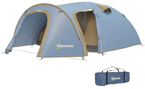 Outsunny Campingzelt für 4 Personen, wasserdicht Tunnelzelt mit 2 Türen Haken Bodenplane Packtasche, Familienzelt mit 2000mm Wassersäule Zelt für Camping Reise Trekking Garten