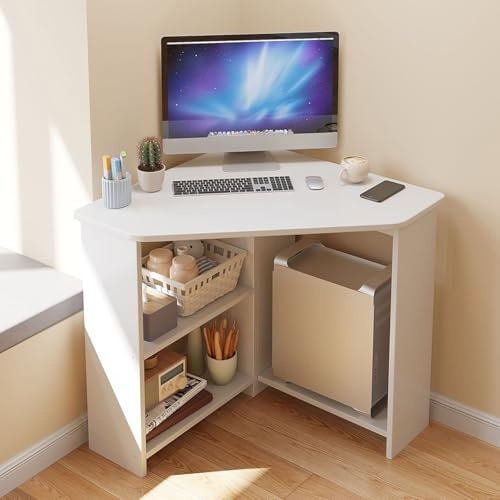 CHZIMADE Corner Desk Computer Table with Shelves Triangle Wooden Study Workstation Furniture for Home Office