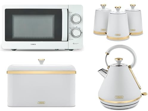 Tower Cavaletto White Pyramid 1.7L 3KW Kettle, Bread Bin & Tea, Coffee & Sugar Canisters Plus T24034WHT 20L 700W Microwave. Contemporary White Kitchen Set of 6