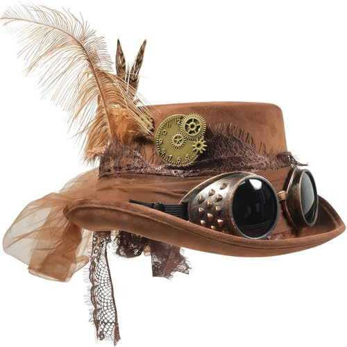 WANGWANG Steampunk Hut Damen mit Brille, Faschingshut, Kopfbedeckung für Karneval, Mottoparty und Festivals, Steam Punk Kleidung Damen Accessoires