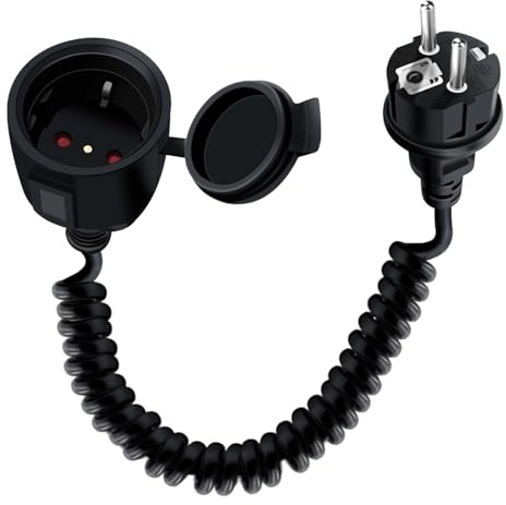 YINGAYOU Prolunga Schuko Spirale 16A 250V Schuko Cavo Elettrico a Spirale Presa IP44 per Uso Esterno o Interno, a Casa, in Ufficio (Nero, 0.6-1.5 m)