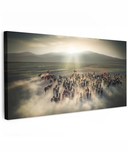 MuchoWow© Leinwandbilder Decoration Bilder für die Wand Schlafzimmer Canvas | 100x50 cm - Painting XXL Wanddekoration Panorama Großes Wandbild Pferde - Natur - Nebel - Wildtiere