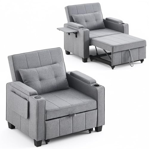 TUKAILAI 3-in-1 Schlafsofa mit Bettfunktion, Leinengewebe, Grau | Schlafsessel mit Verstellbarer Rückenlehne, Bettkasten Armlehne, Getränkehalter, Einzel-Sofabett für Gäste Kleine Zimmer