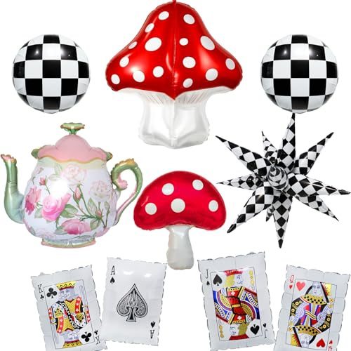 Alice in Wonderland Party Decorations,4D Mushroom/Playing Card/Teapot/Checkered Foil Balloons For Tea Party Decoration,Fairy Party Balloons.