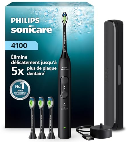 Philips Sonicare Series 4100 Elektrische Zahnbürste – Schallzahnbürste mit Drucksensor, 4 Putzeinstellungen, EasyStart, SmarTimer, 21 Tage Laufzeit, Reiseetui, Schwarz, HX4046/52, [Neu]