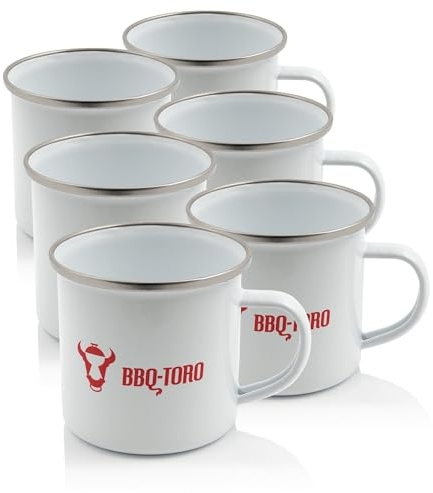 BBQ-Toro Taza esmaltada (6 unidades), 350 ml, color blanco, taza esmaltada con borde de acero inoxidable, taza esmaltada, taza de café de metal para exteriores, accesorios de camping