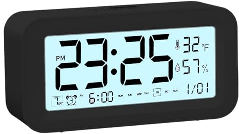 AURIVEE® Digitaler Wecker mit Temperatur & Luftfeuchtigkeit – Tischuhr mit 3 Weckzeiten, intelligentem Lichtsensor, Crescendo-Alarm, batteriebetrieben, für Schlafzimmer & Nachttisch