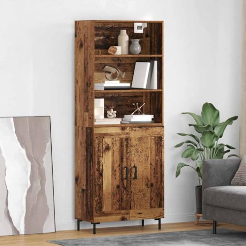 QUAHEAS Highboard Altholz Holzwerkstoff 69,5 x 34 x 180 cm Sideboard Buffet Cabinet mit Stauraum für Esszimmer und Wohnzimmer Moderne credenza Dining Room Cabinet
