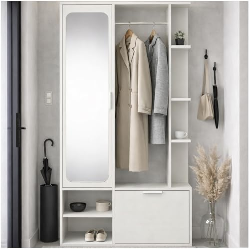 MEBLINI Garderobenschrank Flur mit Spiegel - Garderobe Schrank - Flurgarderobe schmal - Garderobe Flur Möbel Set - Flurschrank hoch - Nadia - 100x33x190cm R/L - Weiß