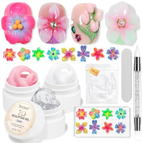 Bevimee 3D Nail Gel for Nails Sculpting Flowers Nail Art Gel & Moulds Set | Clear White Pink, Mini Pack, 5g x 3, Non-sticky, Hard Gels Kit for Extension Moulding