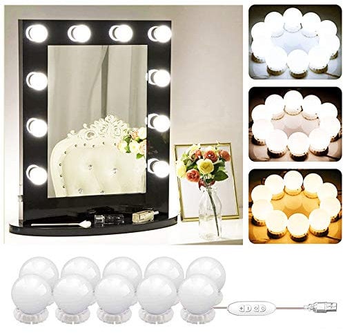Hollywood Mirror Light Bulbs Kit, 10 Bulbs LED Vanity Mirror Lamp for Dressing Room Table, USB Operated Light Strip with 3 Dimmable Light Colors for Bathroom Vanity, Beauty Salon Makeup Artist,5.4m