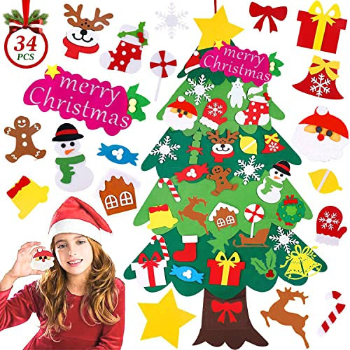 Filz Weihnachtsbaum, YHLZGOOD Filz Weihnachtsbaum Kinder Set Frohe Weihnachten DIY Weihnachtsbäume Filz, Home Tür Wand Weihnachten Dekoration (34 Stück)