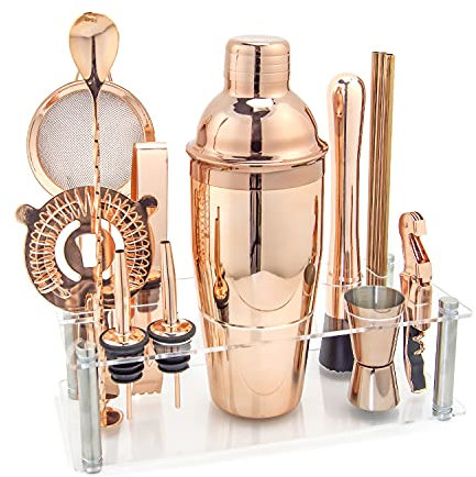 VG Bar-Set, Cocktail-Shaker-Set mit Ständer, Mixology Barkeeper-Set, Cocktail-Set, Bar-Werkzeug-Set für Getränkemixer, Barwagen-Zubehör für die Hausbar (Roségold)