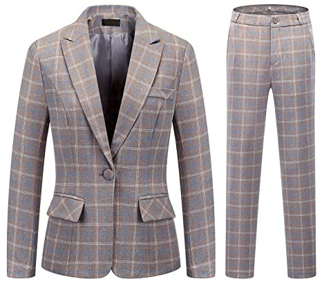 Ensemble 2 pièces à Carreaux pour Femme - pour Le Travail, Le Bureau, Un Blazer, Une Veste, Un Pantalon décontracté à Manches Longues, Gris, Taille M