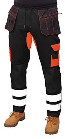 HASHOOB Mens Hi Viz Work Trousers Fleece Work Joggers Army Trousers ST-02 (ST2-FL-HV2, S)