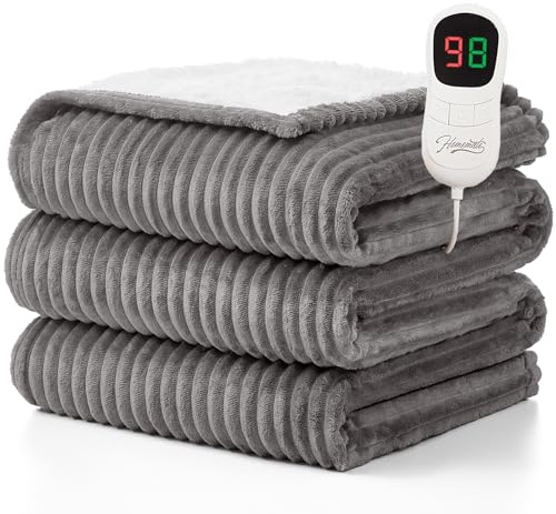 Homemate Heated Blanket Electric Throw - 50x60 Heating Blanket Throw 1/2/4/6/8 Hours Auto-Off 10 Heat Levels Over-Heat Protection Soft Flannel Sherpa Heater ETL Certification