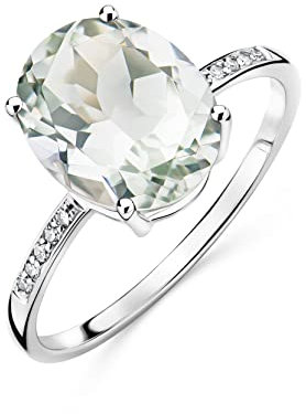 OROVI Damen Goldschmuck, Verlobungsring mit Amethyst, Ring aus Weißgold mit 10 Diamanten 0.04 ct und Solitaire Edelstein grün 2.4 ct Geburtsstein, 9K (375) Gold