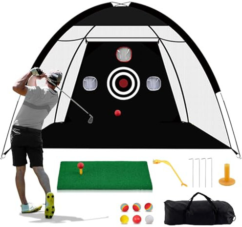 TTCB Sports Golf Übungsnetz 10x7FT mit GolfRasen und 6 Golfbällen – Swing Training Netz für Indoor/Outdoor mit Schlagkorrektor, Tee – Ideal für Golf Driving Range & Simulator, Geschenk für Men