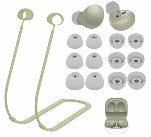 IiEXCEL Strap Ear Tips Kit for Galaxy Buds 2 SM-R177, Anti-Lost Soft Silicone Lanyard Neck Rope Cord Leash Eartips Earbuds Skin Accessories Compatible with Samsung Galaxy Buds 2 - Olive Green