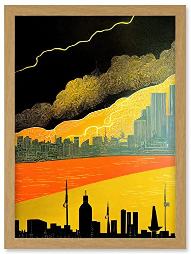 Wee Blue Coo Modern Black Yellow Orange Linocut London Skyline Cityscape Storm Lightning Artwork Framed Wall Art Print A4