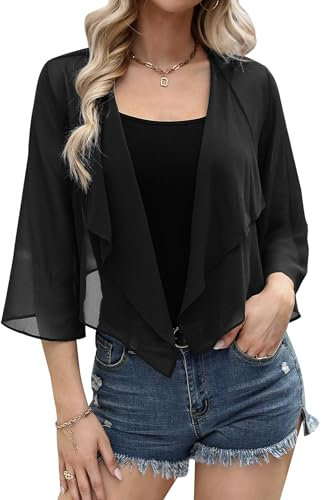 Aottori Damen Bolero Chiffon Cardigan Leichte Kurze Festliche Bolerojacke Elegant Sommer Shrug Schulterjacke Transparent mit 3/4 Ärmel Schwarz S