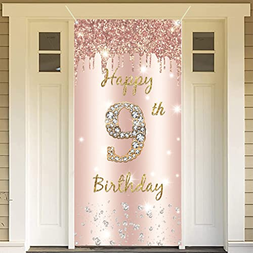 9. Geburtstag Deko Mädchen, Happy 9th Birthday Roségold Door Banner Stoff Schild Plakat Türdekoration Banner, 9. Geburtstag Hintergrund Geburtstagsfeier Deko