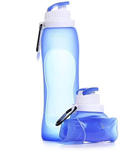 Omana 500ml Collapsible Water Bottle BPA Free Silicone Foldable Portable Leakproof Water Bottle for Outdoor Cycling School Travel Gym Hiking Sports (Blue)