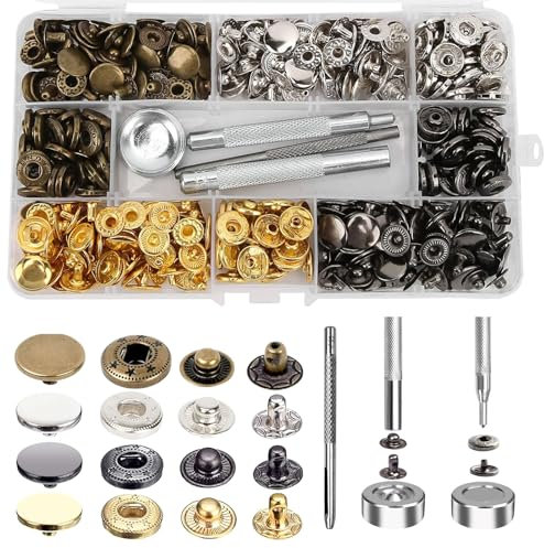 SPOKKI 212Pcs Accessoires et Outils pour Bouton Pression, 12.5mm Bouton Pression Cuir de 4 Couleurs, Bouton Pression Metal Sans Couture pour Vêtements en Cuir, Vestes, Jeans, Vêtement Bricolage