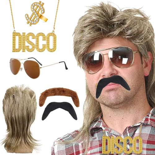 BDSHUNBF Vokuhila Perücke 70er 80er Blond Mullet Perücke Herren Lang mit Sonnenbrille Halskette Ringe Falscher Bart Cosplay Kostüm Halloween Perücke Retro Disco Punk Rocker Perücken