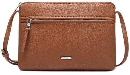David Jones - Umhängetasche für Damen – flache Tasche, kleine Handtasche, Schultertasche, PU-Leder, klassisch, elegant – 2 Fächer – Telefontasche Shopping Reise, Cognac-Braun, one size, Elegant