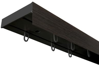 SN Deco - Vorhangschiene SH Set 2-läufig schwarz 300cm, Gardinenschiene, vorgebohrt, m. Blende Wenge 7.5cm, Komplettes Zubehör und Röllchen