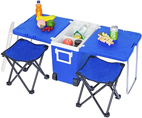 KGDJBGSE Klappbarer Campingtisch, Faltbarer multifunktionaler Rollkühler mit Klappstuhl und Hocker aus Ochsenstoff, tragbarer Campingtisch, der gekühlt Werden kann