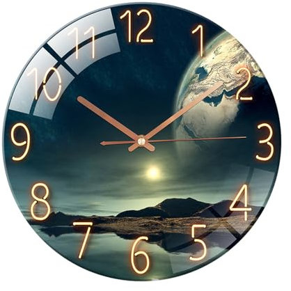 Ergocar Reloj De Pared De Vidrio Escaneo Silencioso Reloj De Pared De Vidrio Redondo Mecánico,Adecuado para Sala de Estar, Cocina, Oficina.