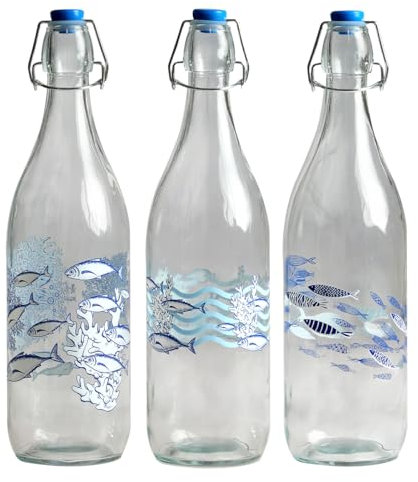 Set de 3 Botellas Decorativas de Cristal para Agua Banco de peces . Vidrio. Vajilla. Decoración Hogar. Regalos Originales. 8,50 x 8,50 x 32 cm.