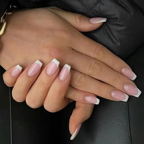 MrCuvaryas 24 Stück French Tip Press on Nails Kurz, Nägel zum Aufdrücken, Squoval Nude Natürlich Weiß French Fake Nails mit Nagelkleber für Frauen Nail Art (White Medium, 12 Größe)