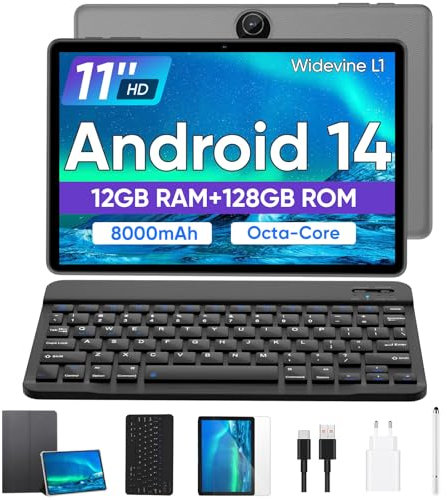 JIKOCXN Tablet 11 Zoll Android 14 Tablet mit Tastatur, 12GB RAM+128GB ROM+1TB Erweiterung, 1280x800 FHD Touchscreens, 8000mAh Akku, WLAN, Bluetooth 5.0, 5MP+8MP Dual Kamera, GPS (Schwarz)