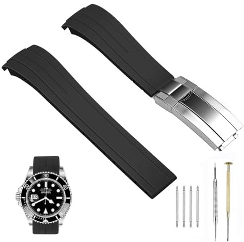 SINAIKE Weiche Silikon Gummi Uhrenarmband Kompatibel mit Moonswatch, Rolex, Seiko, Citize, Tapered 22mm gebogenes Ende Uhrenarmband Ersatz mit klassischer Tauchschnalle für Männer Frauen Schwarz