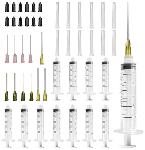 12Pcs Glue Syringe 10ml Blunt tip Syringe Luer Lock 14Ga 17Ga 20Ga Blunt Needle with Caps, Liquid Measuring Plastic Syringe for Scientific Labs Measuring Watering Refilling Feeding Pets Oil or Glue