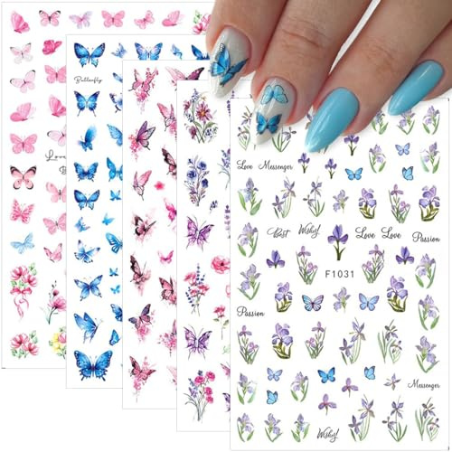 5 Blatt 3D Nagelsticker Blumen Blatt Nagelaufkleber Schmetterling Nagelkunst Aufkleber 5D Stereoskopisch Selbstklebend Nail Art Sticker Dekoration Nageldesign