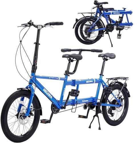 ASIAD Klappbares Tandemfahrrad, 20-Zoll-City-Tandem-Faltrad, verstellbares Tandem-Beach-Cruiser-Fahrrad, Faltrad mit 3 Sitzen für Erwachsene, 7 Geschwindigkeiten,Blau