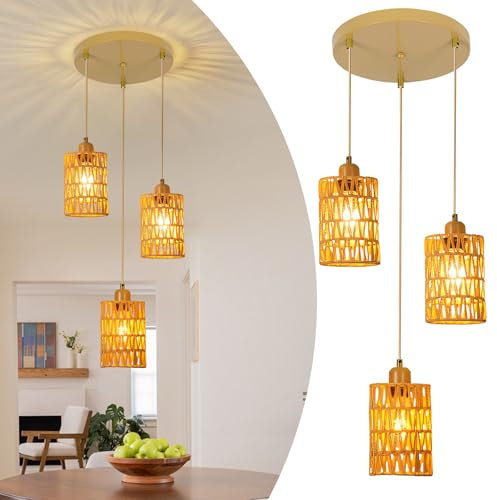 CRFASIBE 3 Flammig Pendelleuchte, Boho Rattan Esstisch Hängelampe, Pendelschnur Verstellbar, Vintage Korblampen Pendelleuchten für Wohnzimmer Schlafzimmer Küche (Gold)