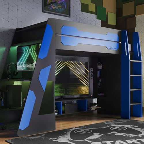 X-Rocker Garrison High Sleeper, Wooden Frame Gaming Bed for Kids, Teens and Juniors, Built-in Gaming Desk and Underbed TV Unit, 90x190cm Gaming Bunk Bed, Compact Bed Design for Boys & Girls - Blue
