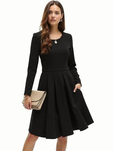 Re Tech UK - Womens Stylish Long Sleeve Skater Swing Pleated Casual Dress with Pockets, Above The Knee, Ideal for Autumn Winter Dresses for Women, Perfect for Work, Plus, Black, XXL