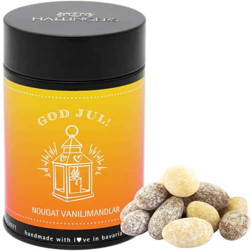 Hallingers Genuss Manufaktur Nougat-Mandeln Weihnachts-Geschenk - von Hand in der Manufaktur schokoliert ohne Alkohol in der Geschenkdose God Jul, yellow, Weihnachten Svenska