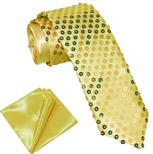 ROSAUI Glitzer Krawatten für Herren und Damen, Glitzer Outfit Hemd Sakko Accessoires, Satin Krawatte und Einstecktuch Set Hochzeit Festival Disco Party Fasching (Goldene)